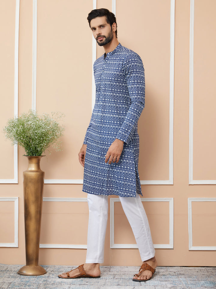 Blue Printed Pure Cotton Straight Kurta