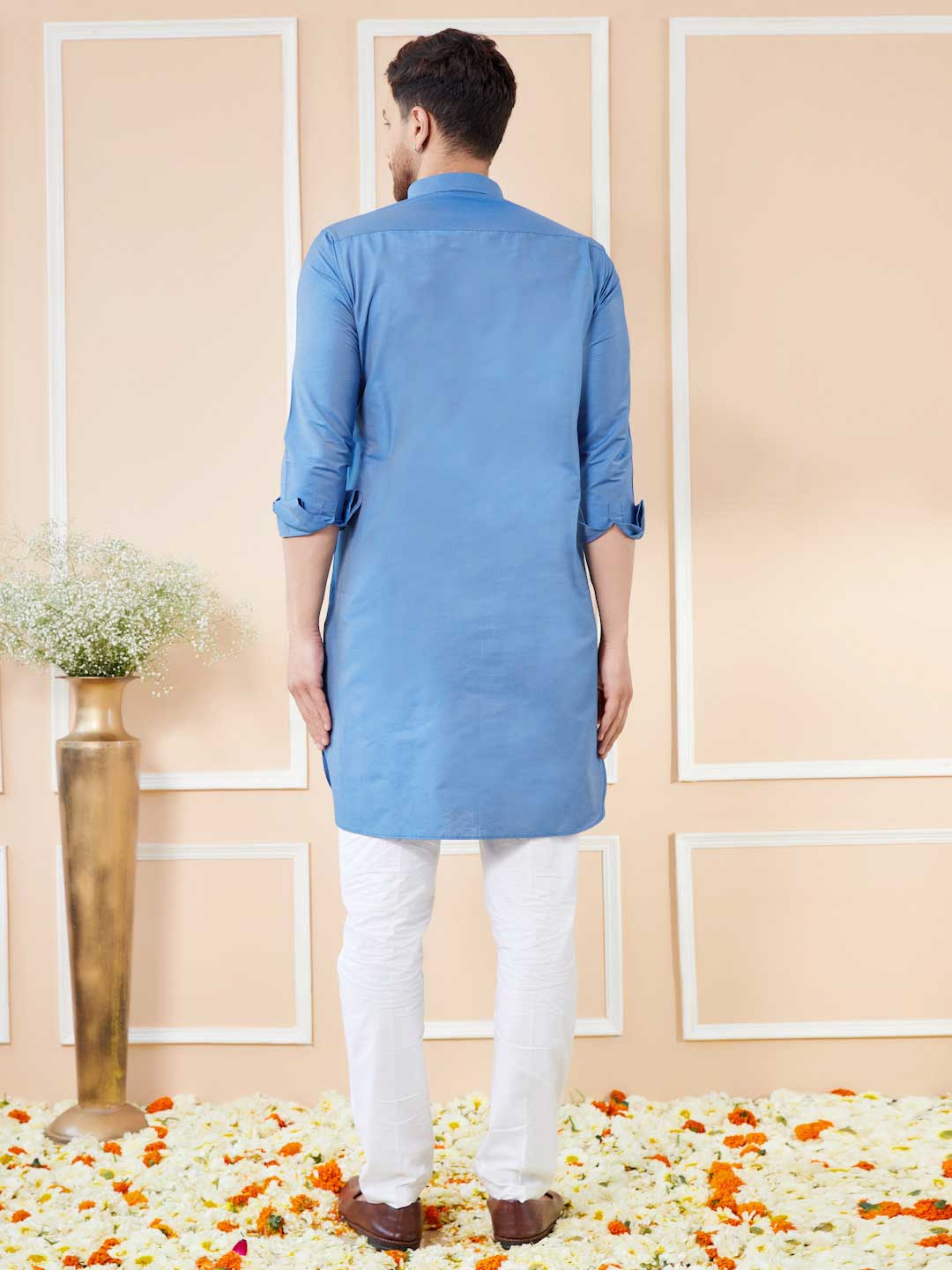 Blue Cotton Solid Pathani Kurta