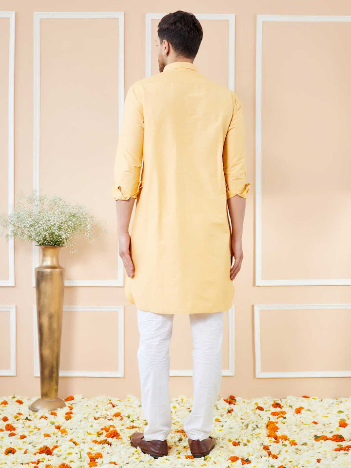 Yellow Cotton Solid Pathani Kurta with Pyjama