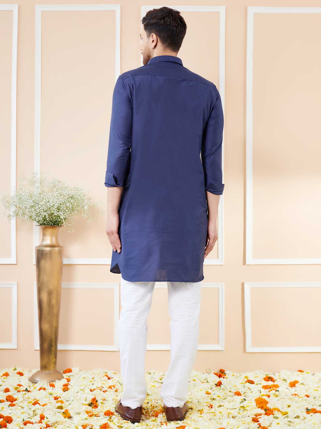 Navy Blue Cotton Solid Pathani Kurta