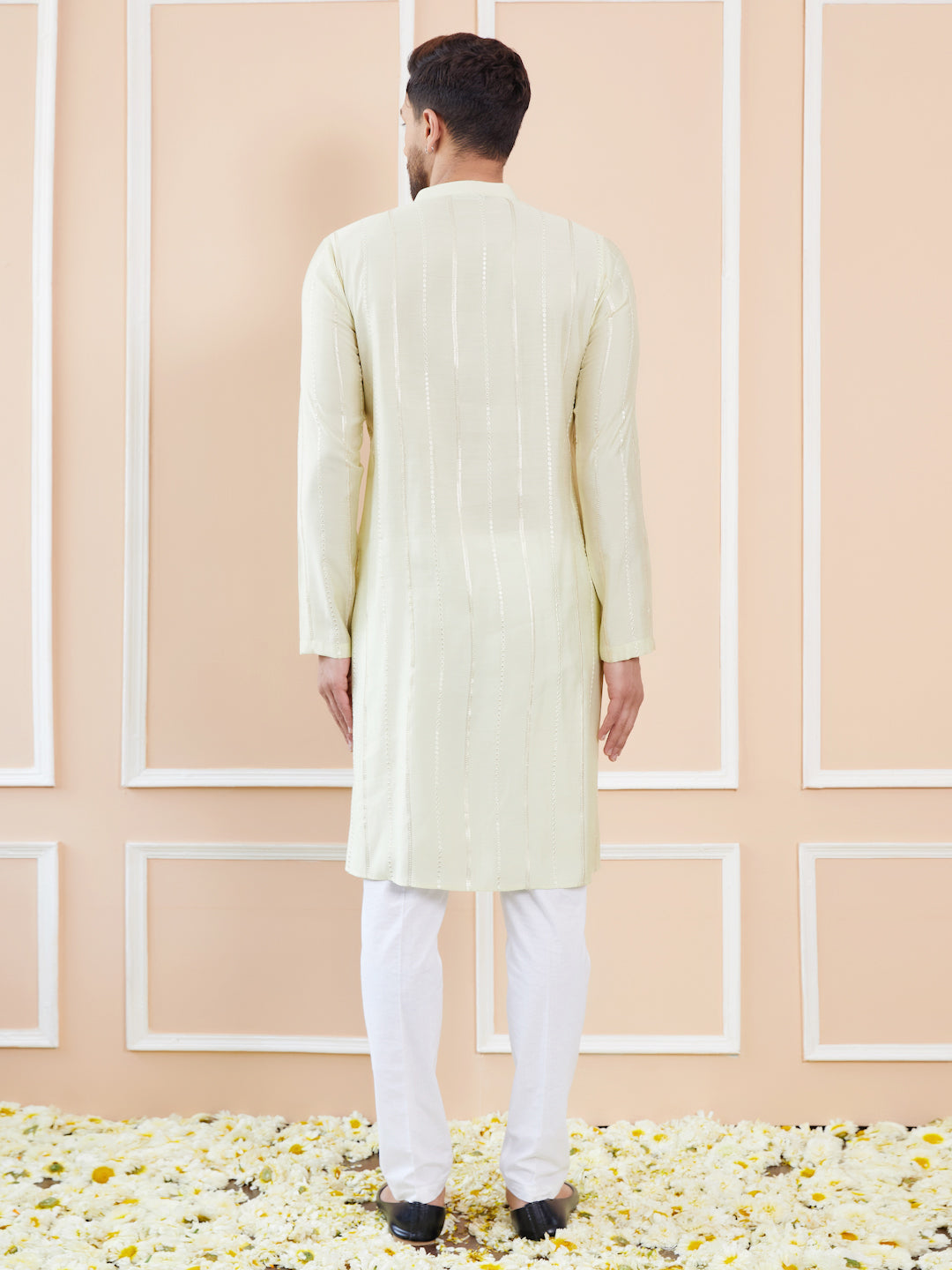 Men Cream and Gold Sequins Embroidered Chanderi Silk Straight Kurta With Payjama