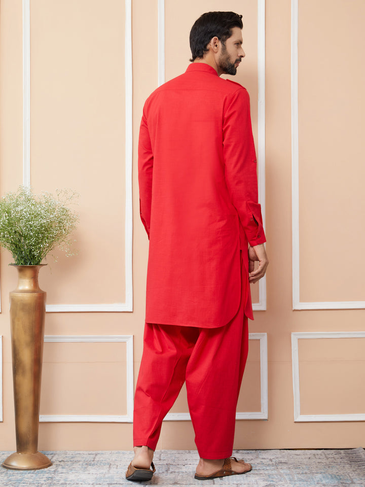 Red Cotton Slub Pathani kurta with Salwar