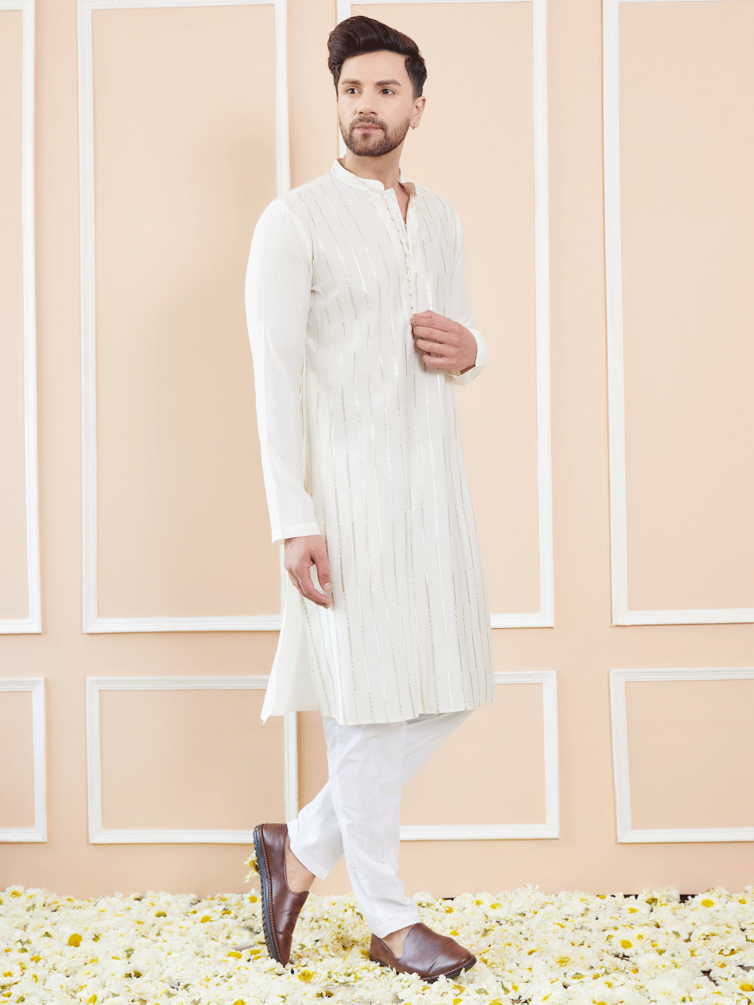 Men Off White and Gold Sequins Embroidered Chanderi Silk Straight  Kurta