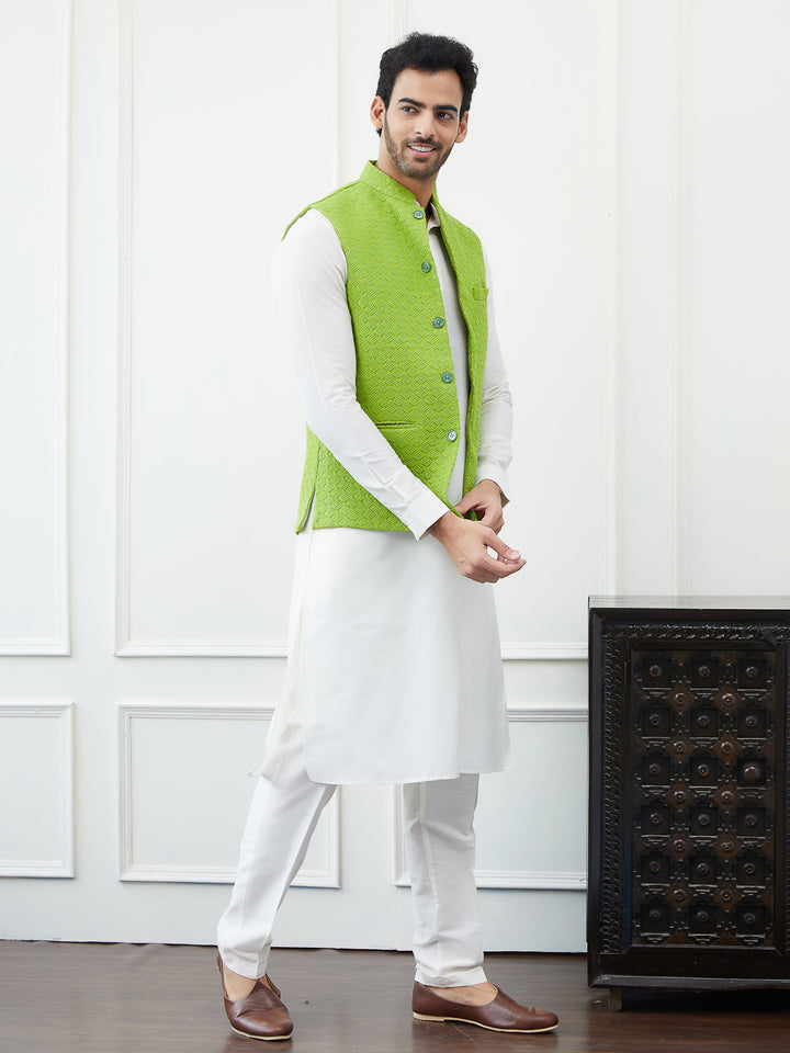 Pure Cotton Straight Kurta & Pyjama with Embroidered Nehru Jacket