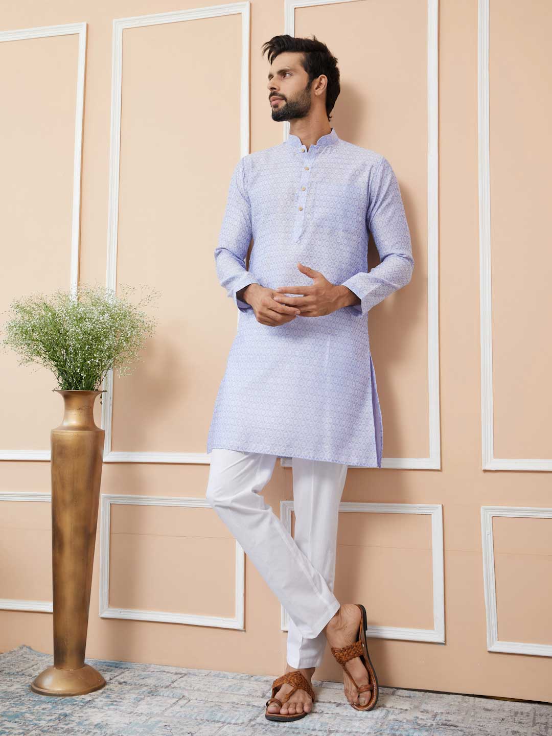 Periwinkle Blue Ethnic Motifs Silk Jacquard Woven Design Straight Kurta