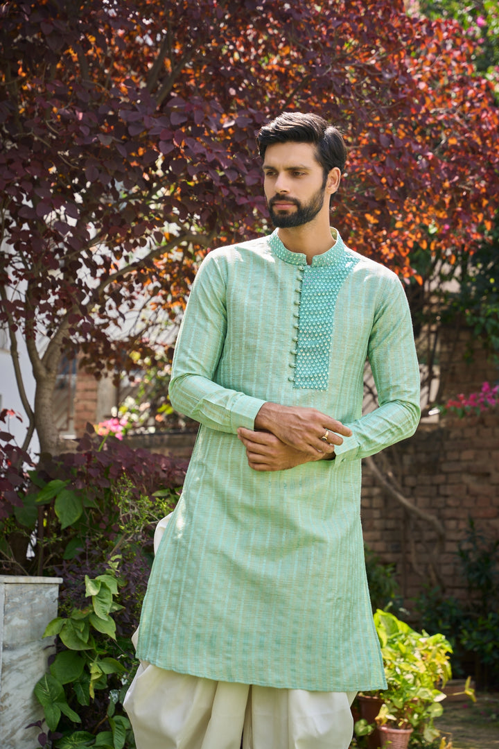 Pure Cotton Woven Kurta with Sequins Embroidered Yoke Design