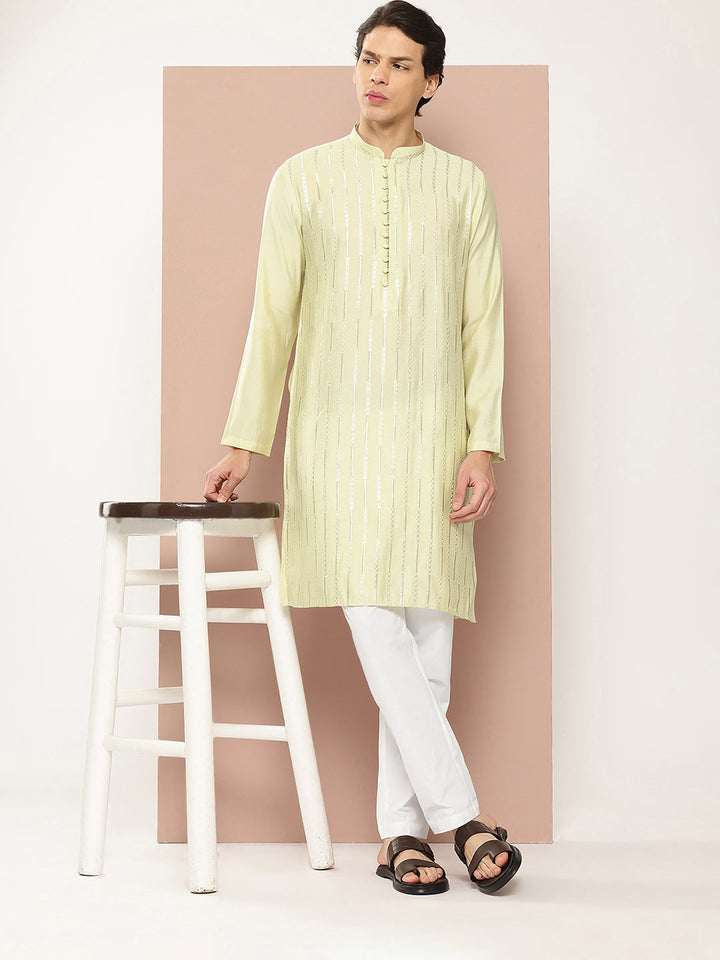 Men's Pista Green Sequin Embroidered Chanderi Silk Kurta, Paired with Pyjama