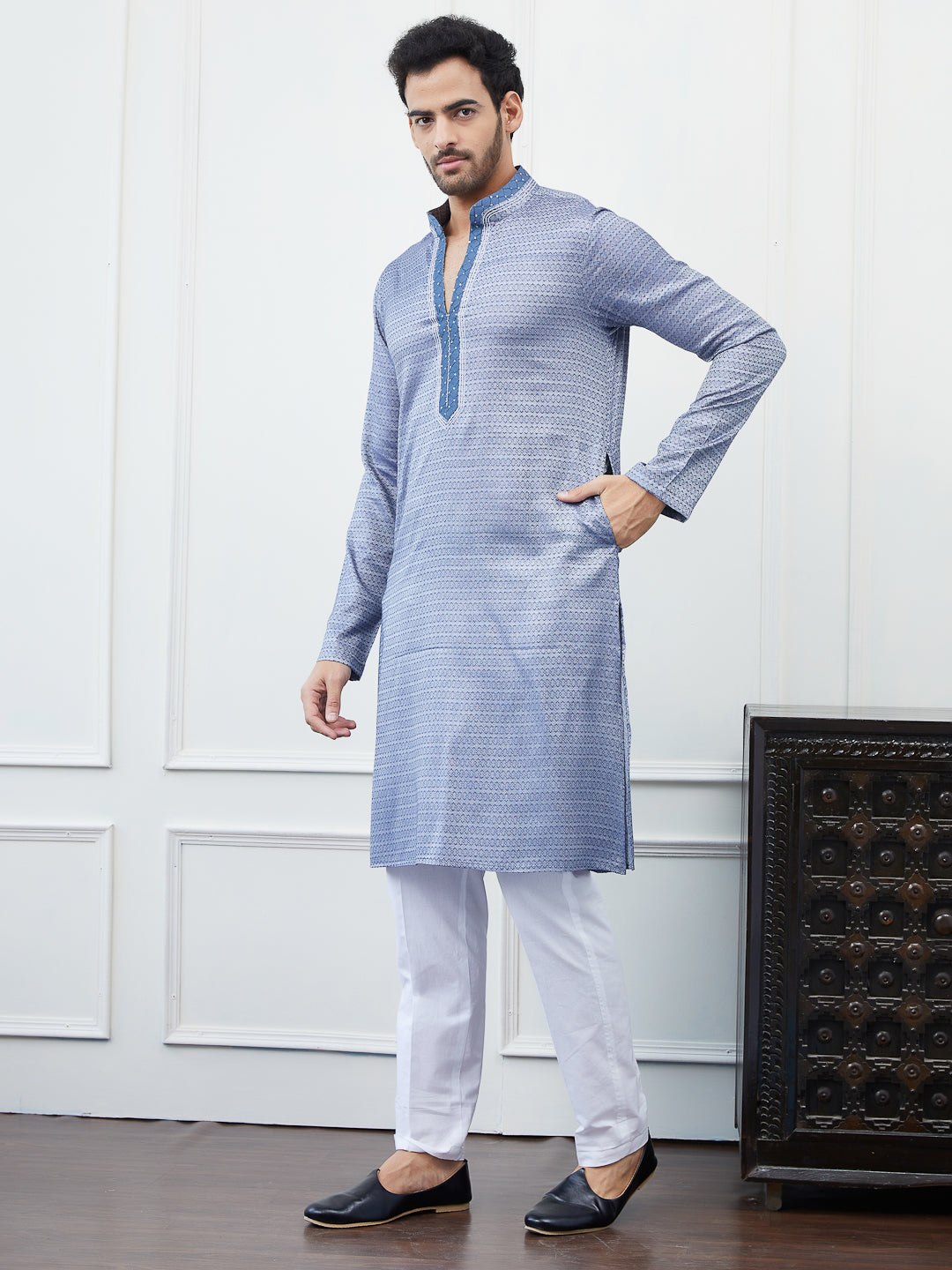 Thread Worked Pure Cotton Straight Kurta With Embroidered Sequin Neck Design and Pyjama