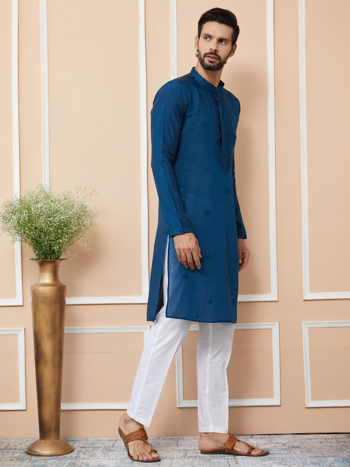 Navy Blue Embroidered Chanderi Silk Straight Kurta