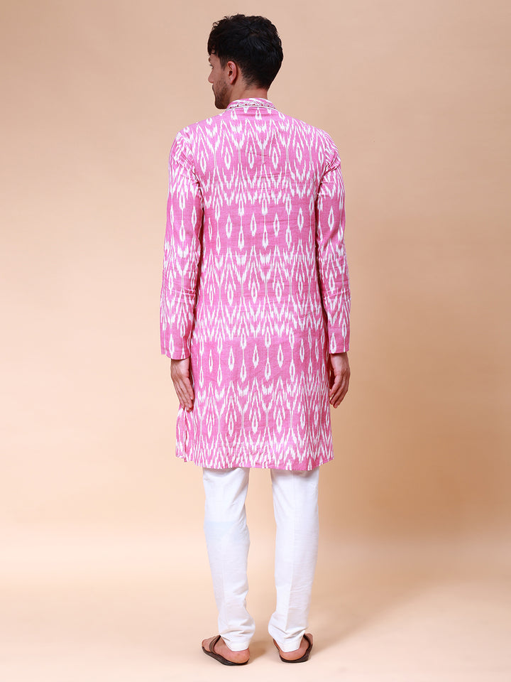 Printed Ikat Pure Cotton Straight Kurta with Embroidered Neck Design and Pyjama