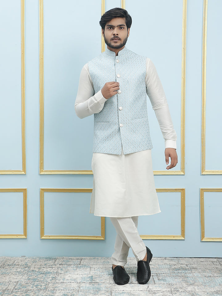 Pure Silk Kurta & Pyjama with Sequins Embroidered Nehru Jacket