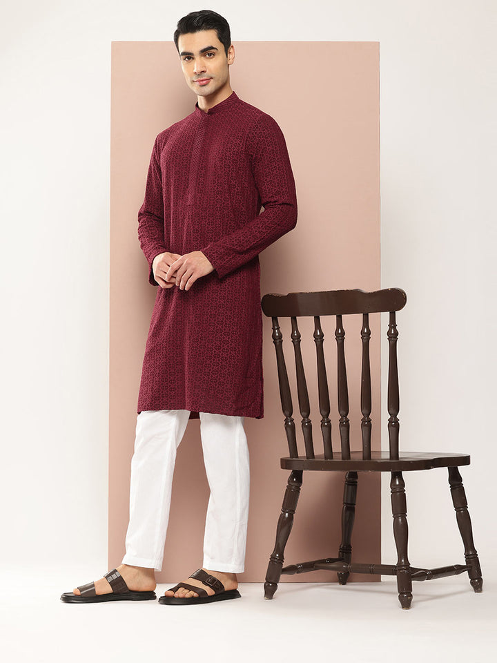 Men’s Maroon Rayon Kurta with Embroidered Chikankari, Paired with Pyjama