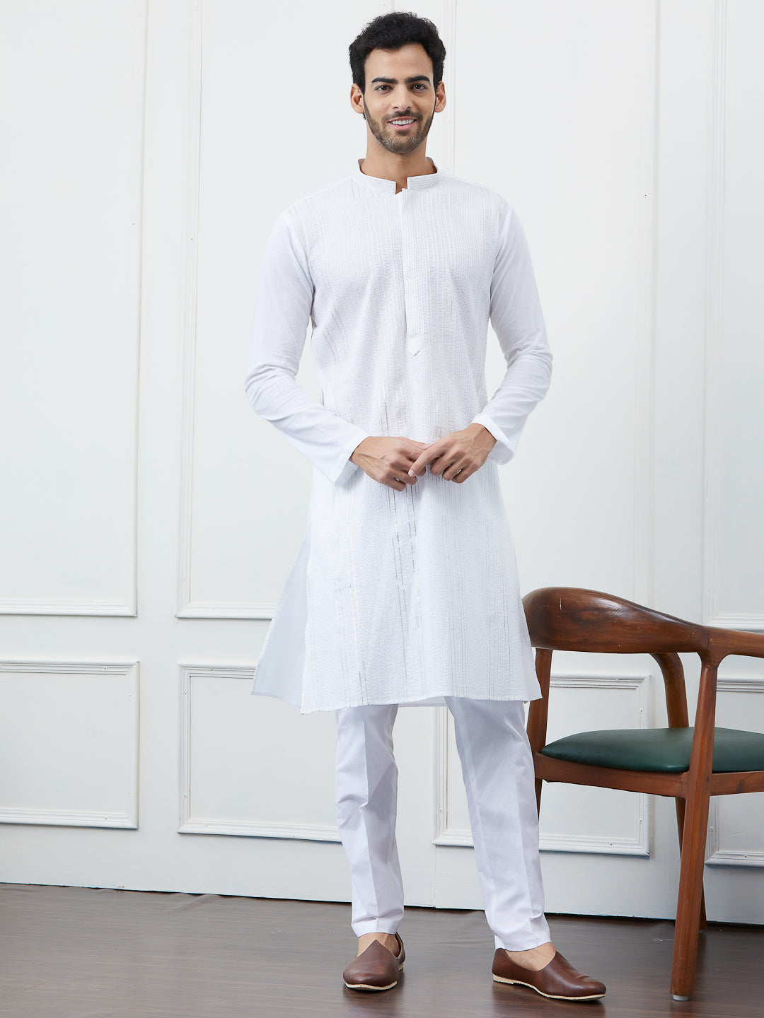 Sequin and Thread Work Pure Cotton Kurta with Pyjama