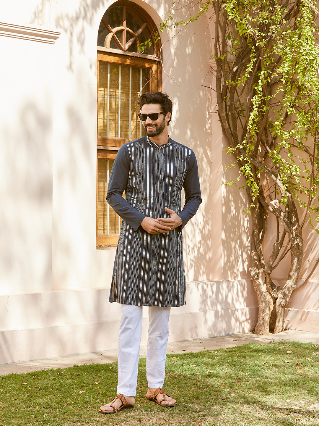 Gota Strips and Sequins Embroidered Pure Cotton Straight Kurta with Pyjama