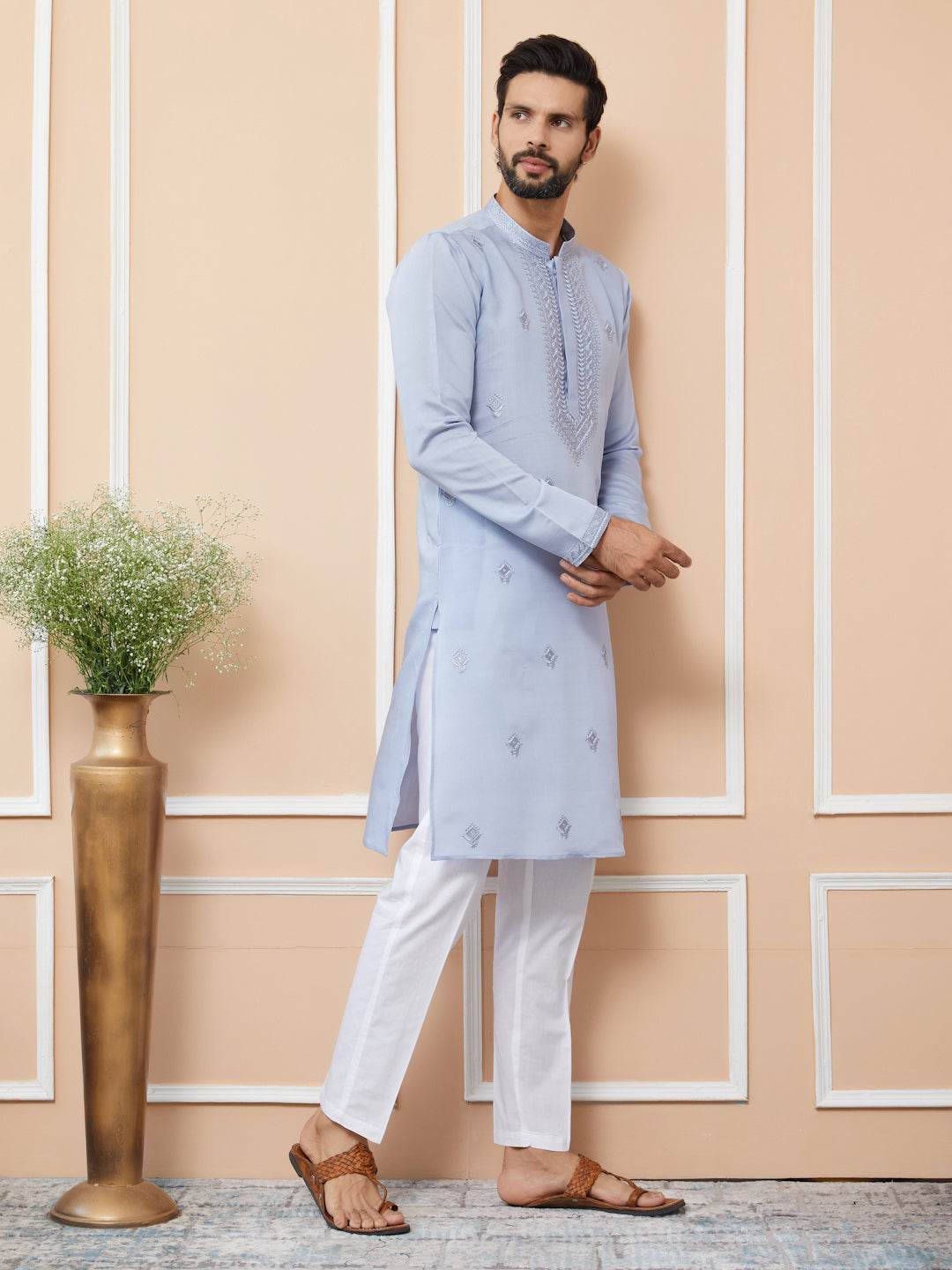 Pastel Blue Embroidered Chanderi Silk Straight Kurta