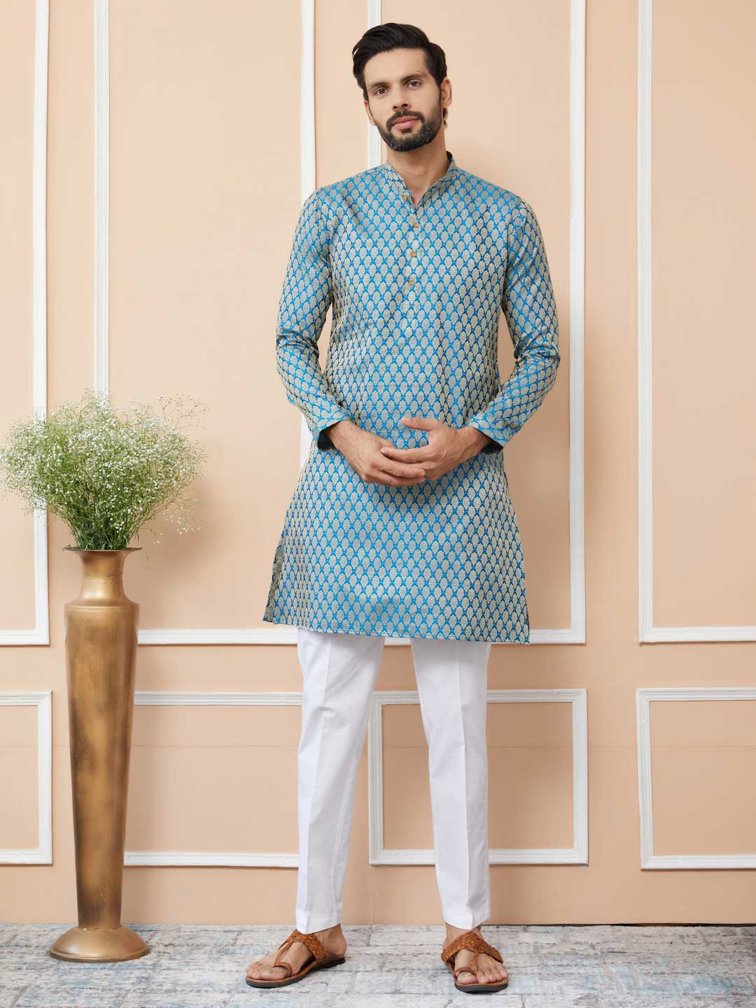 Blue-Beige Ethnic Motifs Silk Jacquard Woven Design Straight Kurta