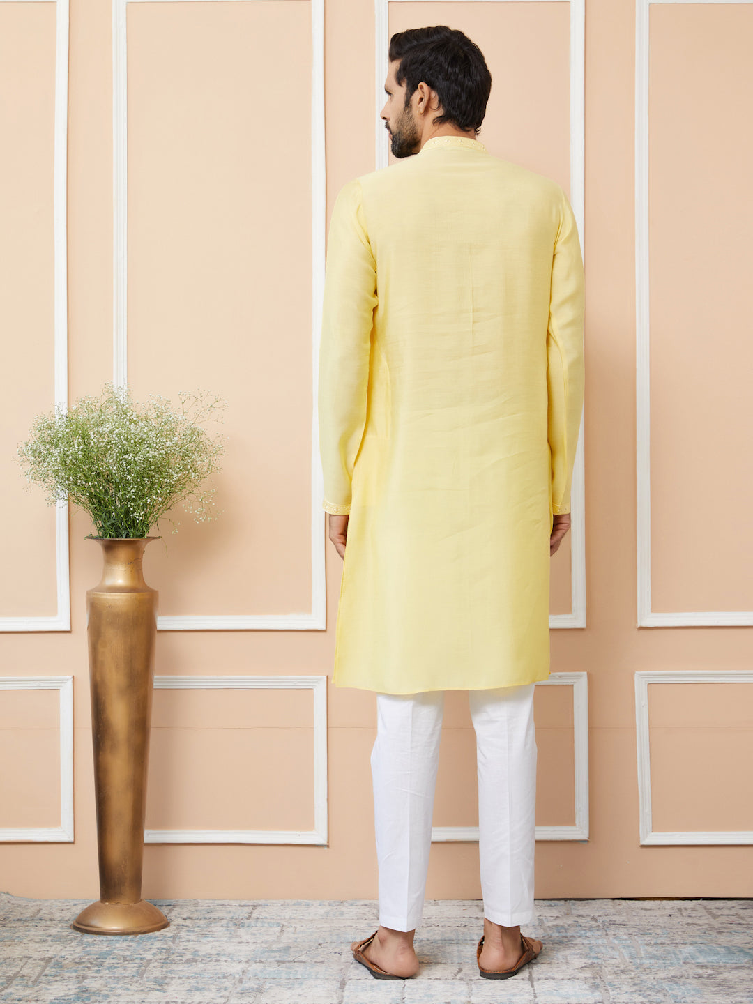 Yellow Embroidered Chanderi Silk Straight Kurta with Pyjama