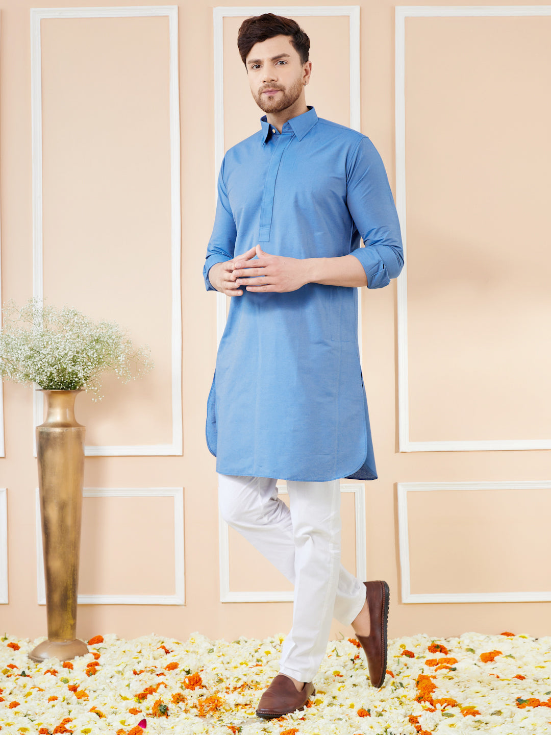 Blue Cotton Solid Pathani Kurta with Pyjama