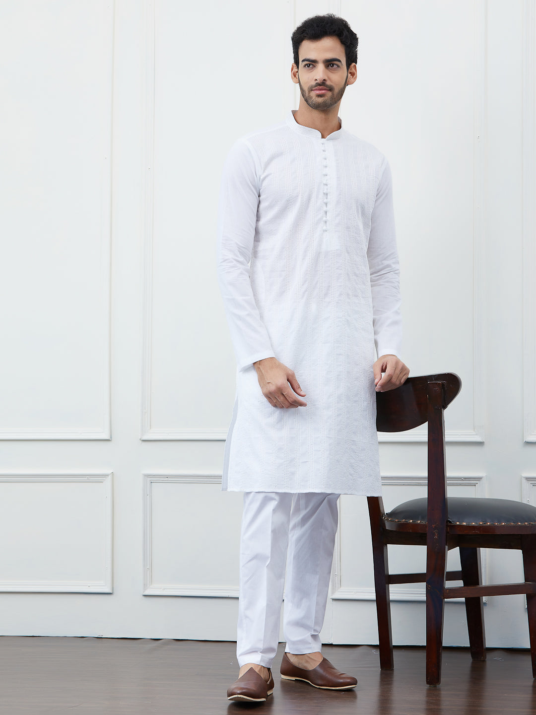 Sequin and Thread Work Pure Cotton Kurta with Pyjama