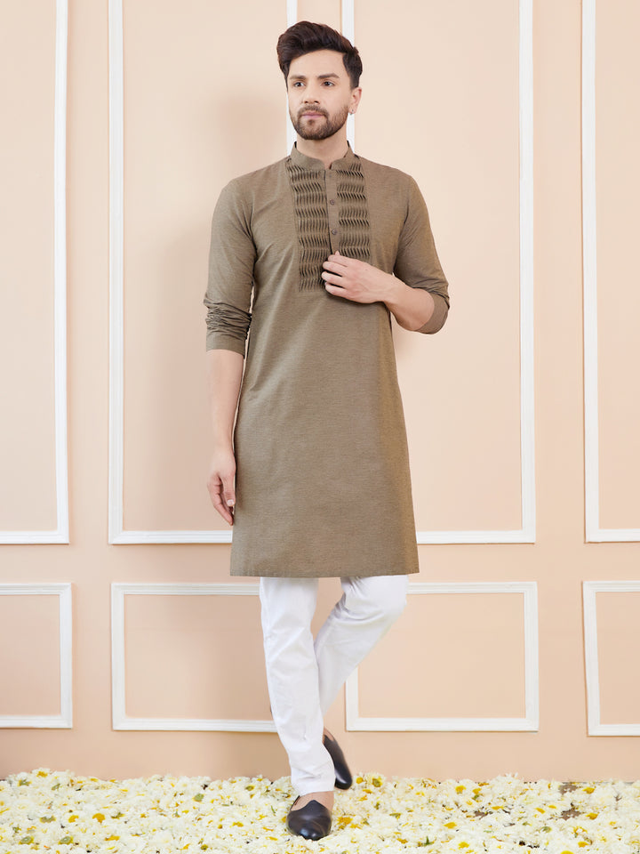 Dust Cotton Straight Kurta with Pintuck Yoke Neckline