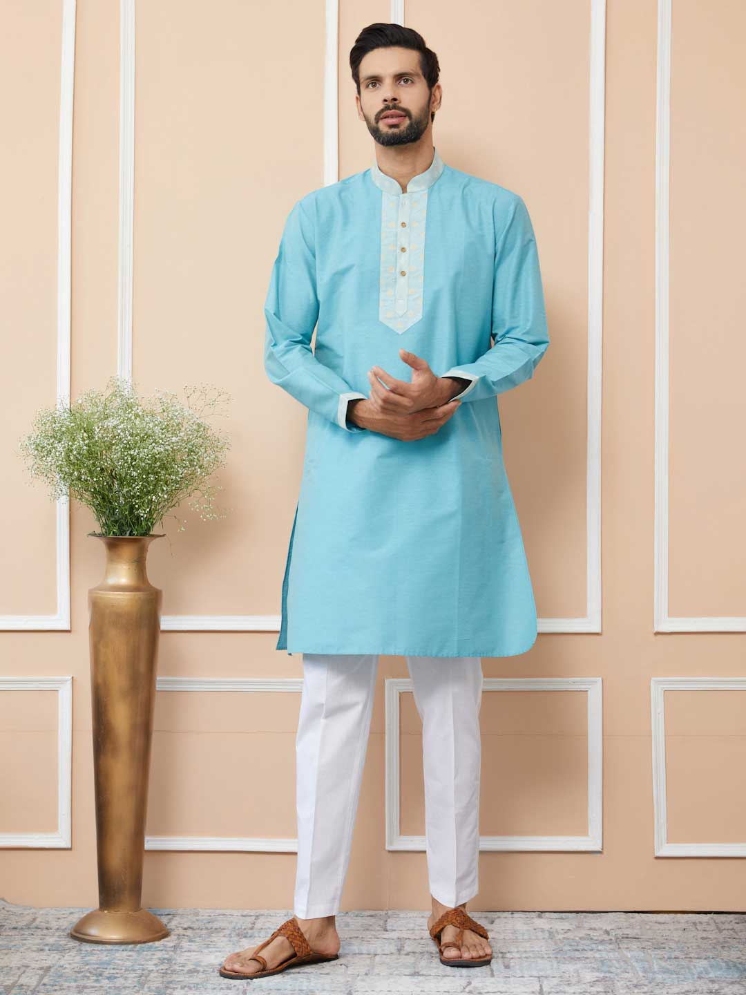 Blue Solid Cotton Straight Kurta with Jacquard neckline