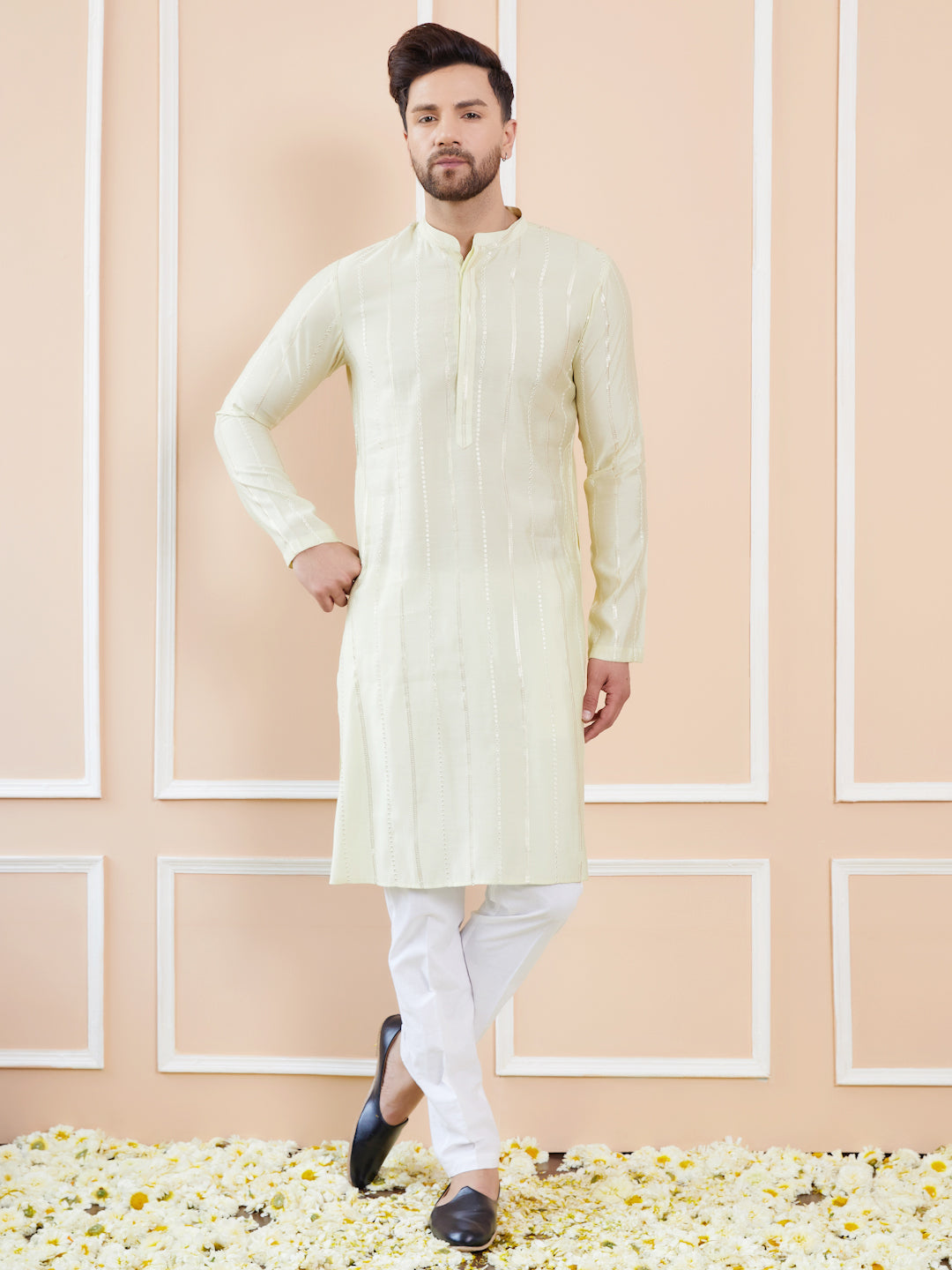 Men Cream and Gold Sequins Embroidered Chanderi Silk Straight Kurta With Payjama