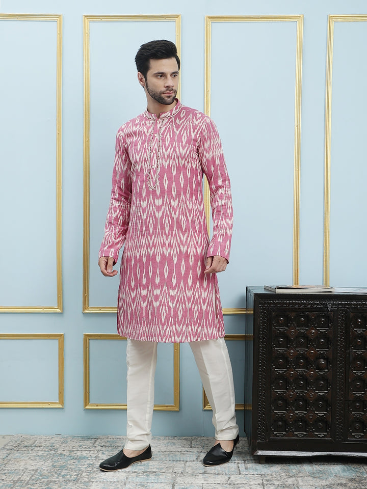 Printed Ikat Pure Cotton Straight Kurta with Embroidered Neck Design