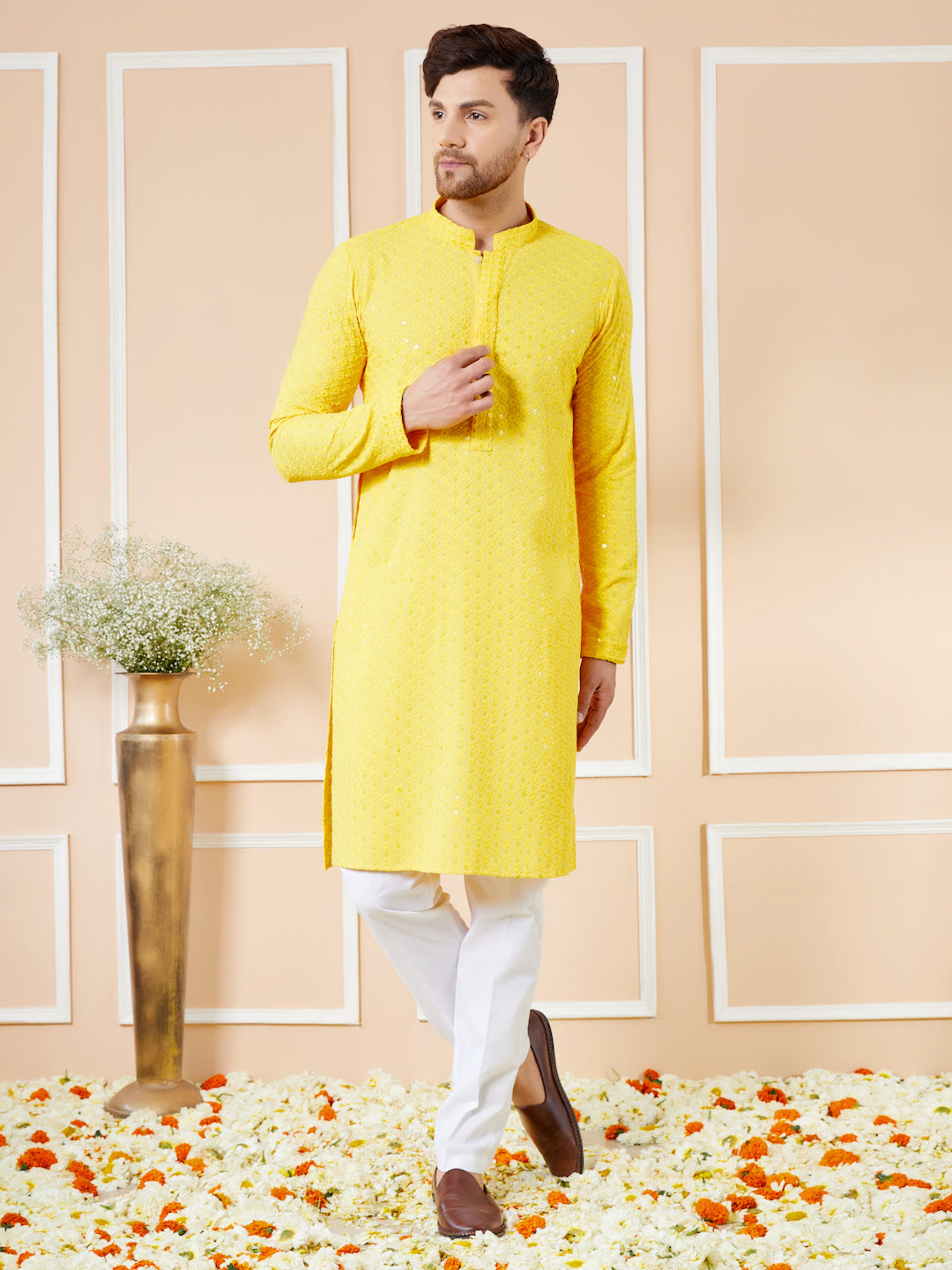 Yellow Sequins Embroidered Rayon Kurta