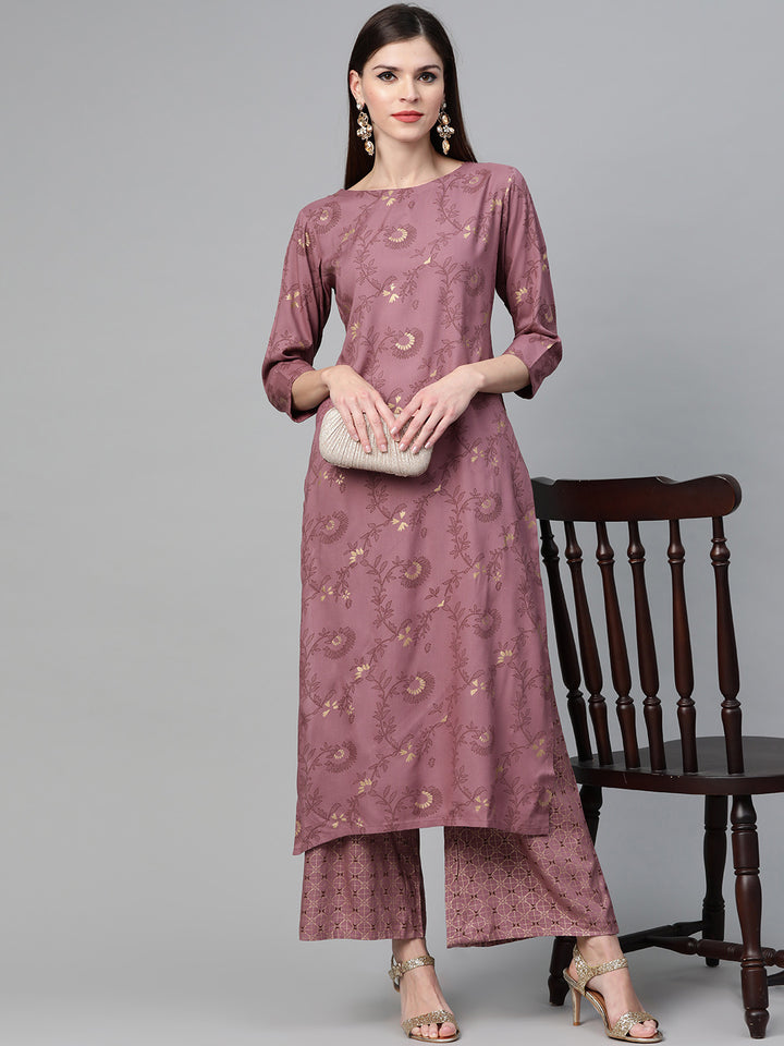 Mauve and Gold Printed Straight Kurta With Palazzo Set