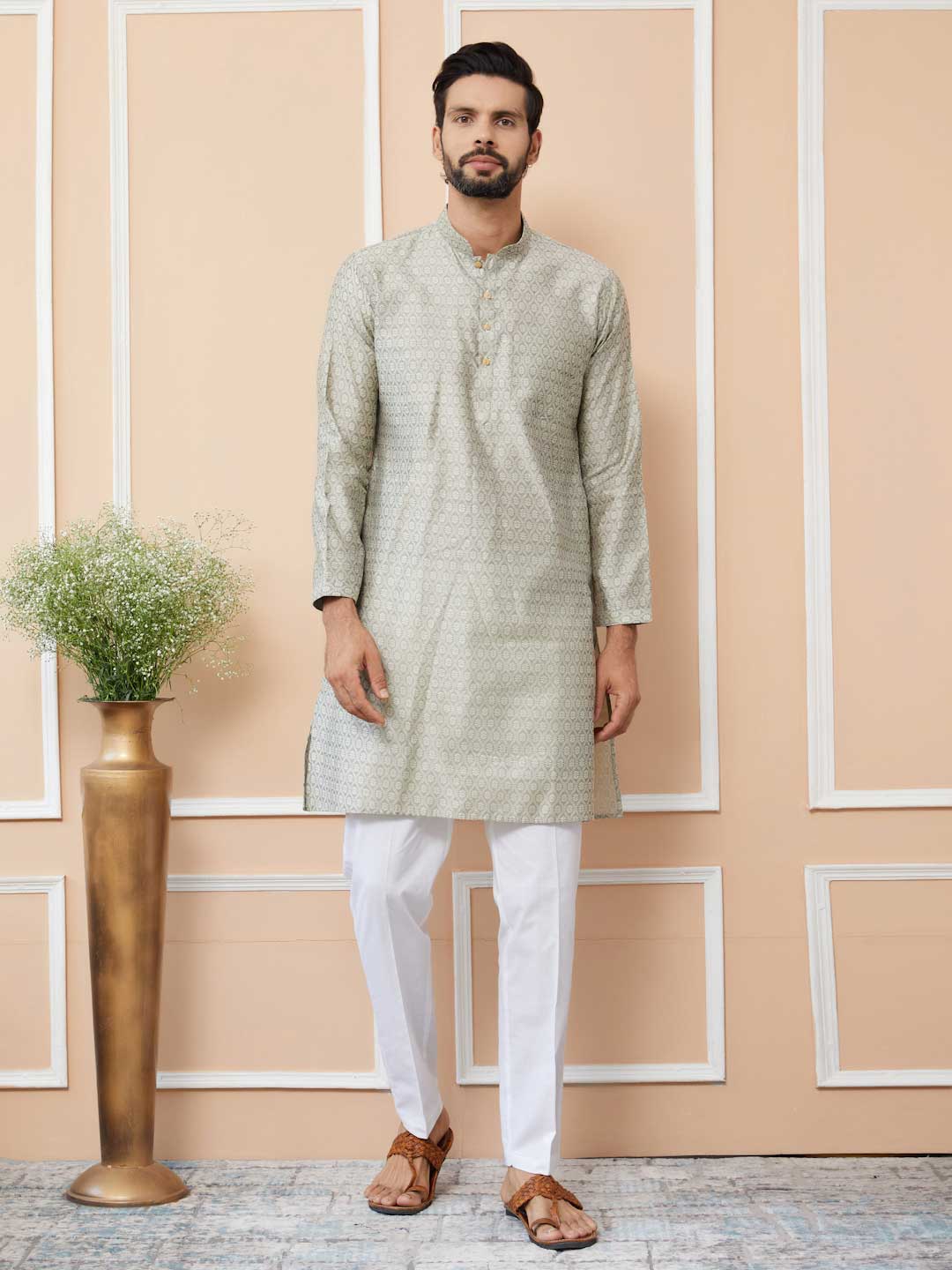 Cream-Grey Ethnic Motifs Silk Jacquard Woven Design Straight Kurta