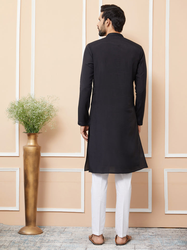 Black Embroidered Chanderi Silk Straight Kurta with Pyjama