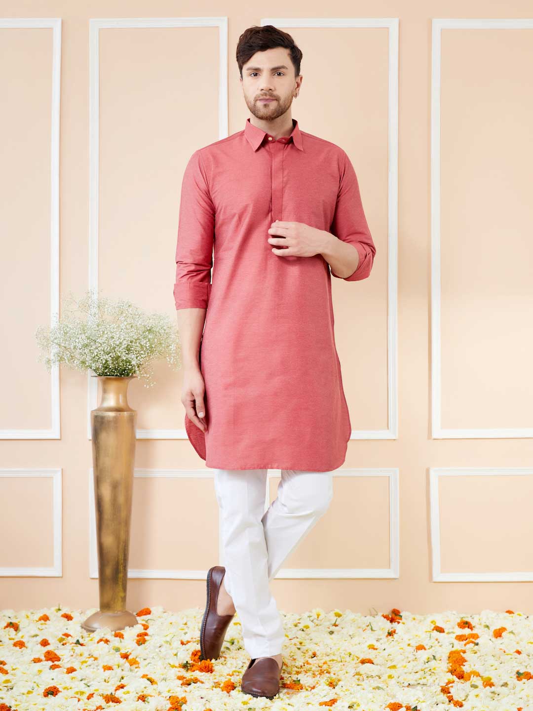 Red Cotton Solid Pathani Kurta with Pyjama