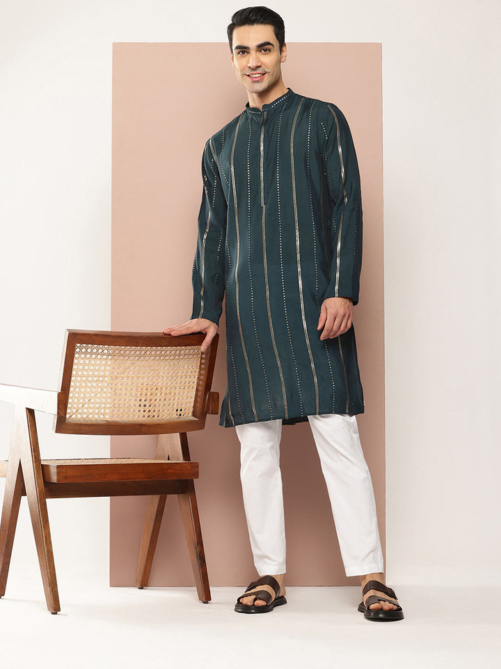 Men's Teal Chanderi Silk Kurta with Sequin Embroidery, Paired with Pyjama