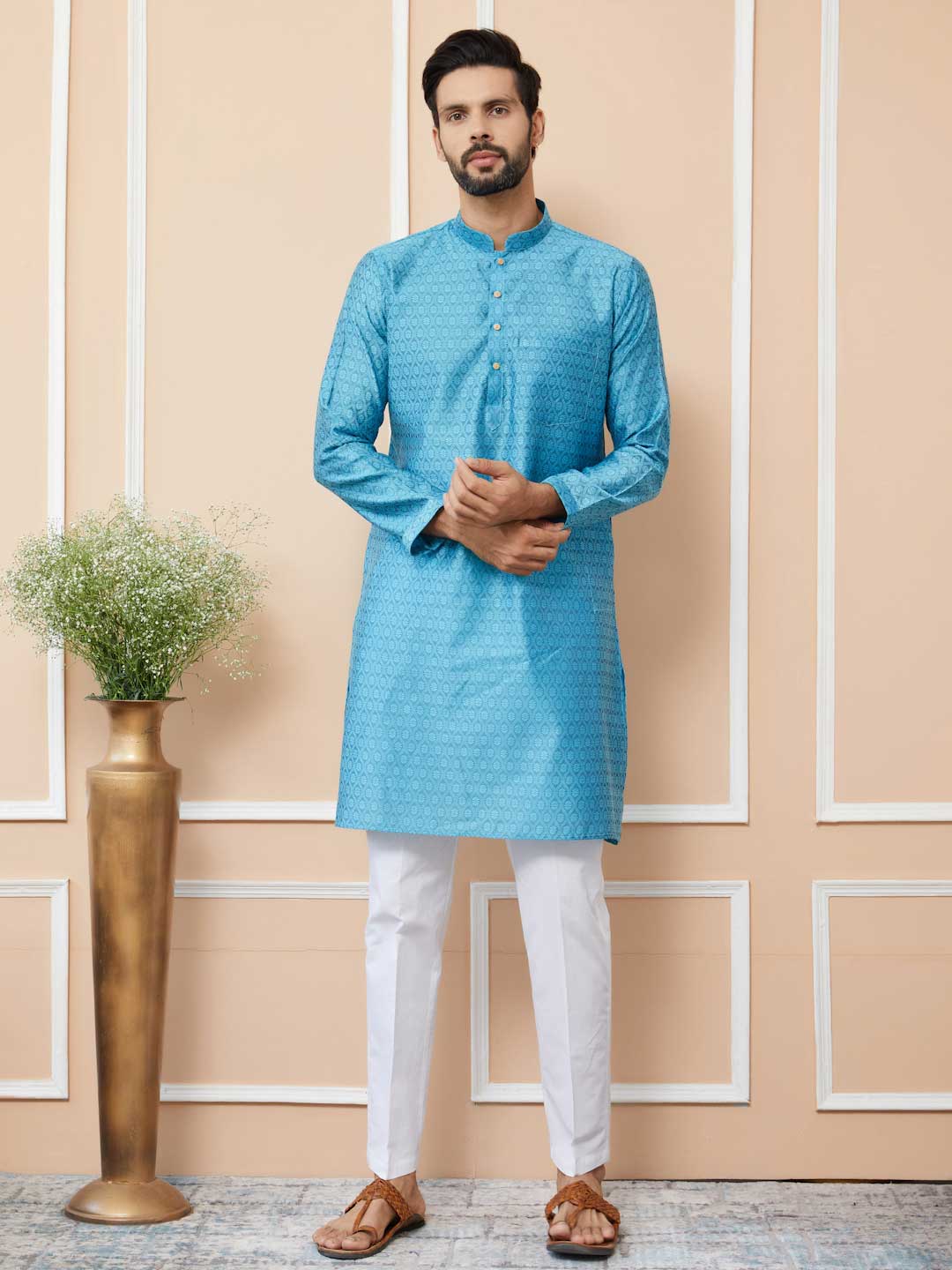 Light Blue Ethnic Motifs Silk Jacquard Woven Design Straight Kurta with Pyjama