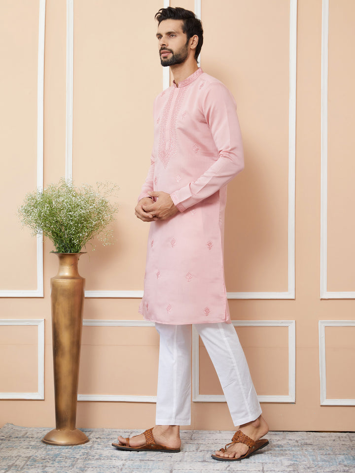 Pale Rose Embroidered Chanderi Silk Straight Kurta