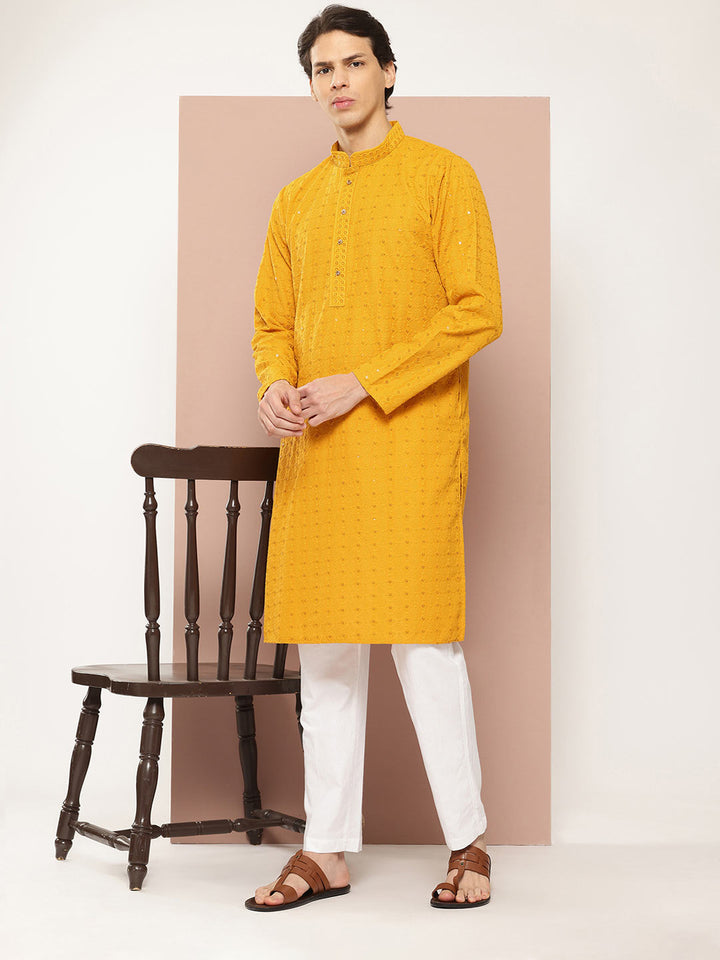 Men's Mustard Sequin Embroidered Rayon Kurta, Paired with Pyjama