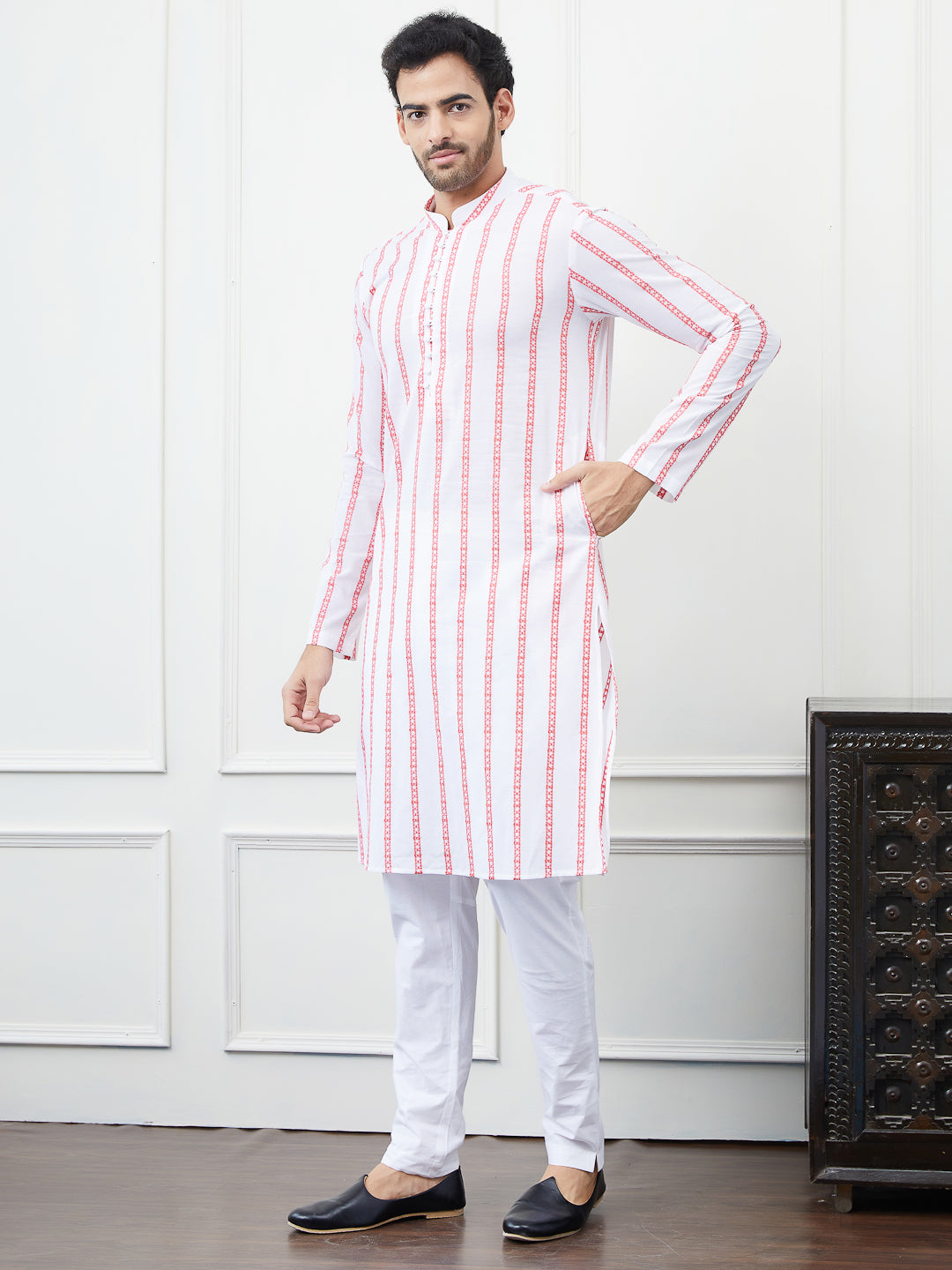 White and Pink Embroidered Cotton Straight Kurta with Pyjama