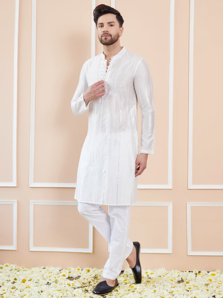 White Sequins Embroidered Pure Chanderi Silk Straight Kurta