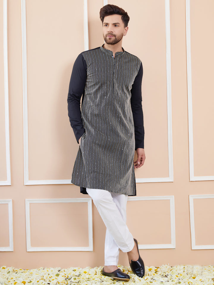 Black Sequins and Thread Worked Cotton Straight Kurta with Pyjama