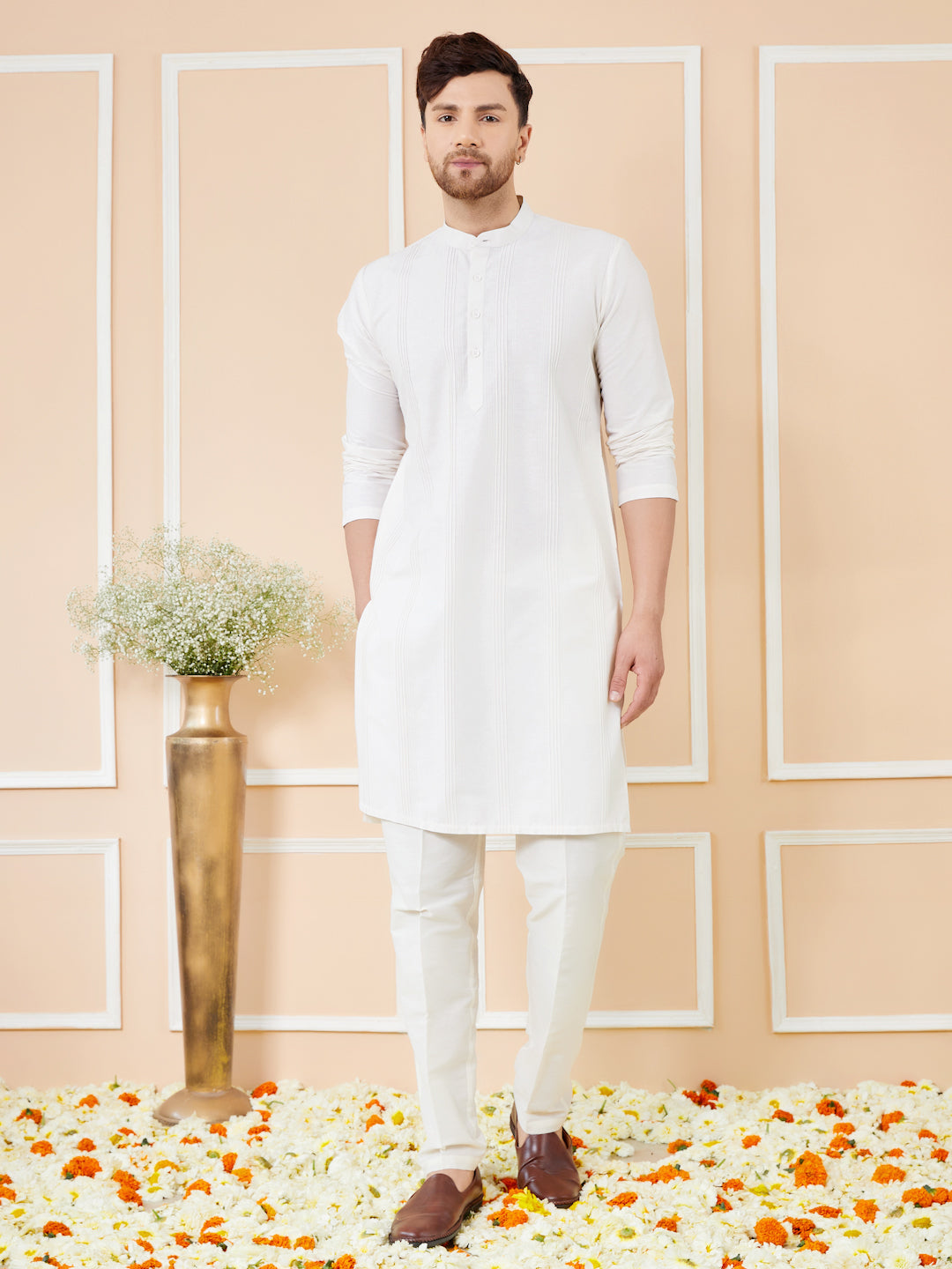 White Pintuck Worked Cotton Solid Straight Kurta with Pyjama