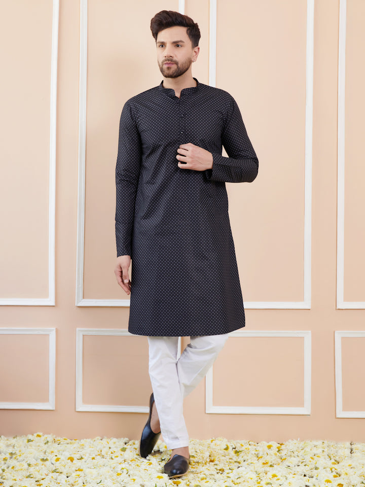 Black Printed Cotton Straight Kurta with Pyjama