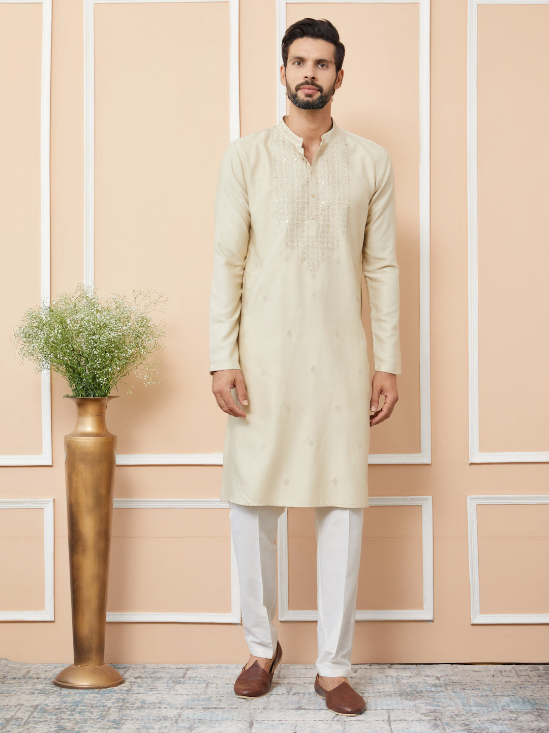 Beige Embroidered Zara Silk Straight Kurta