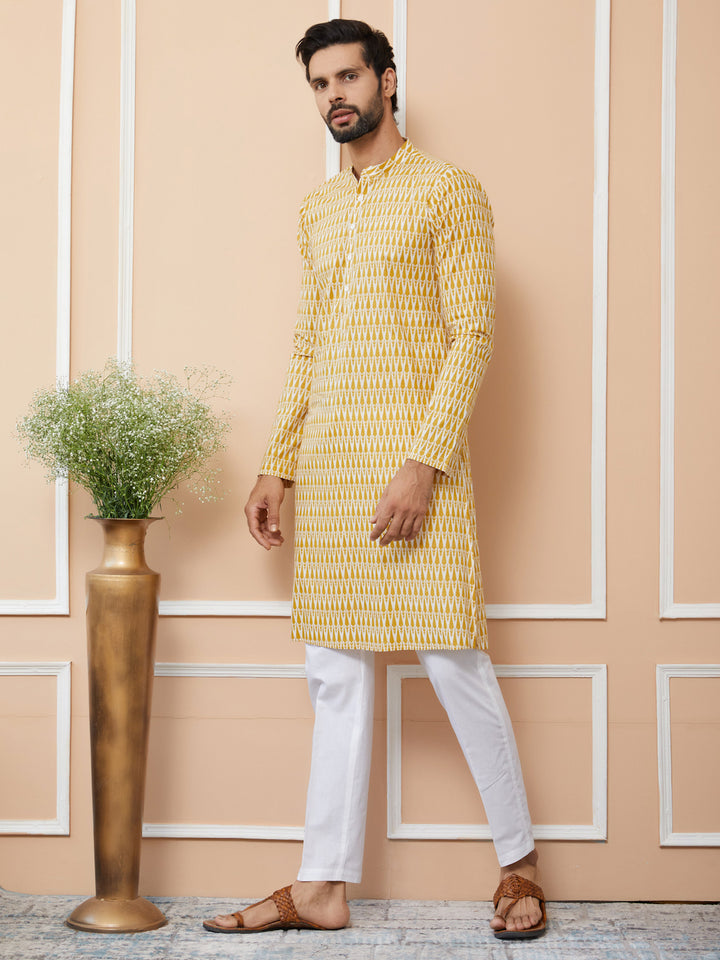 Yellow Printed Pure Cotton Straight Kurta with Pyjama