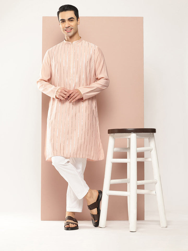 Men’s Pink Chanderi Silk Kurta with Sequin Embroidery, Paired with Pyjama