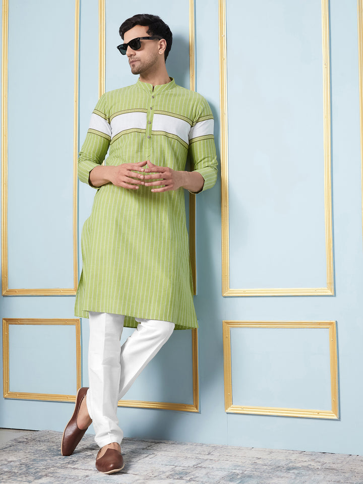 Green Woven Striped Straight Kurta With Pyjama