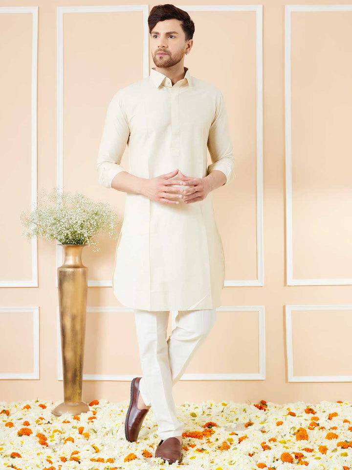 Cream Cotton Solid Pathani Kurta with Pyjama