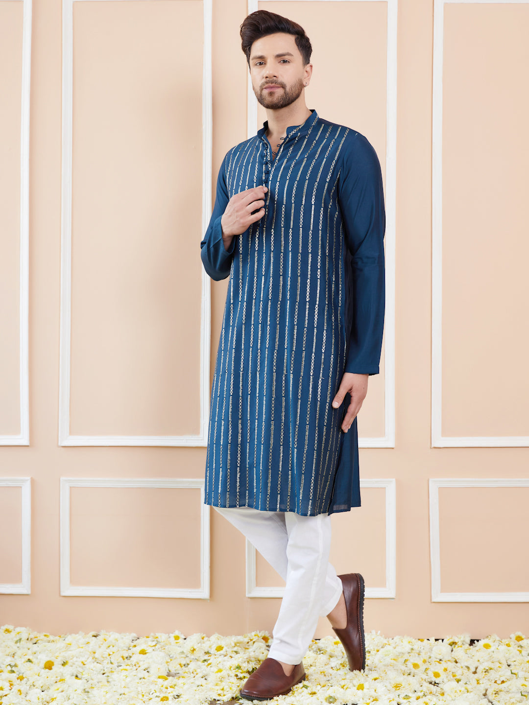 Men Blue and Gold Sequins Embroidered Chanderi Silk Straight Kurta With Pyjama