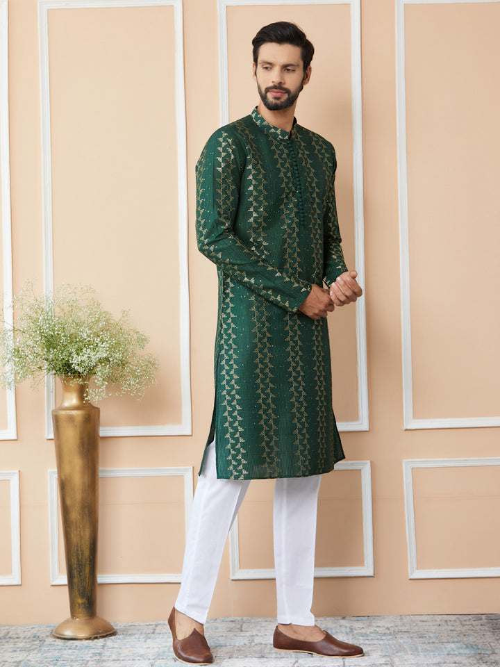 Green Embroidered Thread Work Sequinned Chanderi Silk Straight Kurta