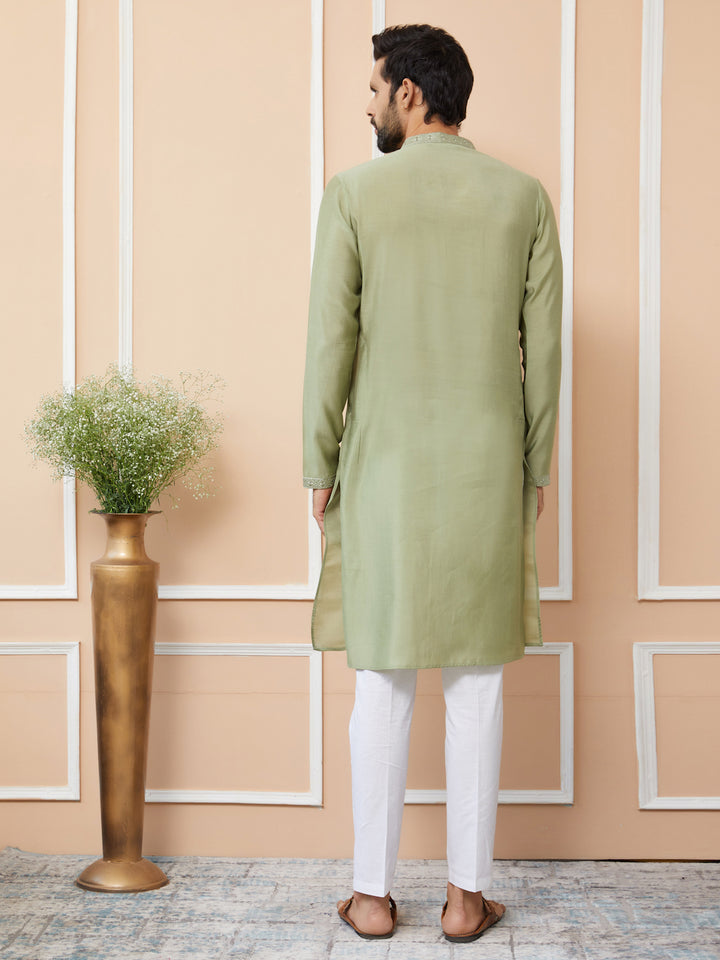 Olive Embroidered Chanderi Silk Straight Kurta with Pyjama