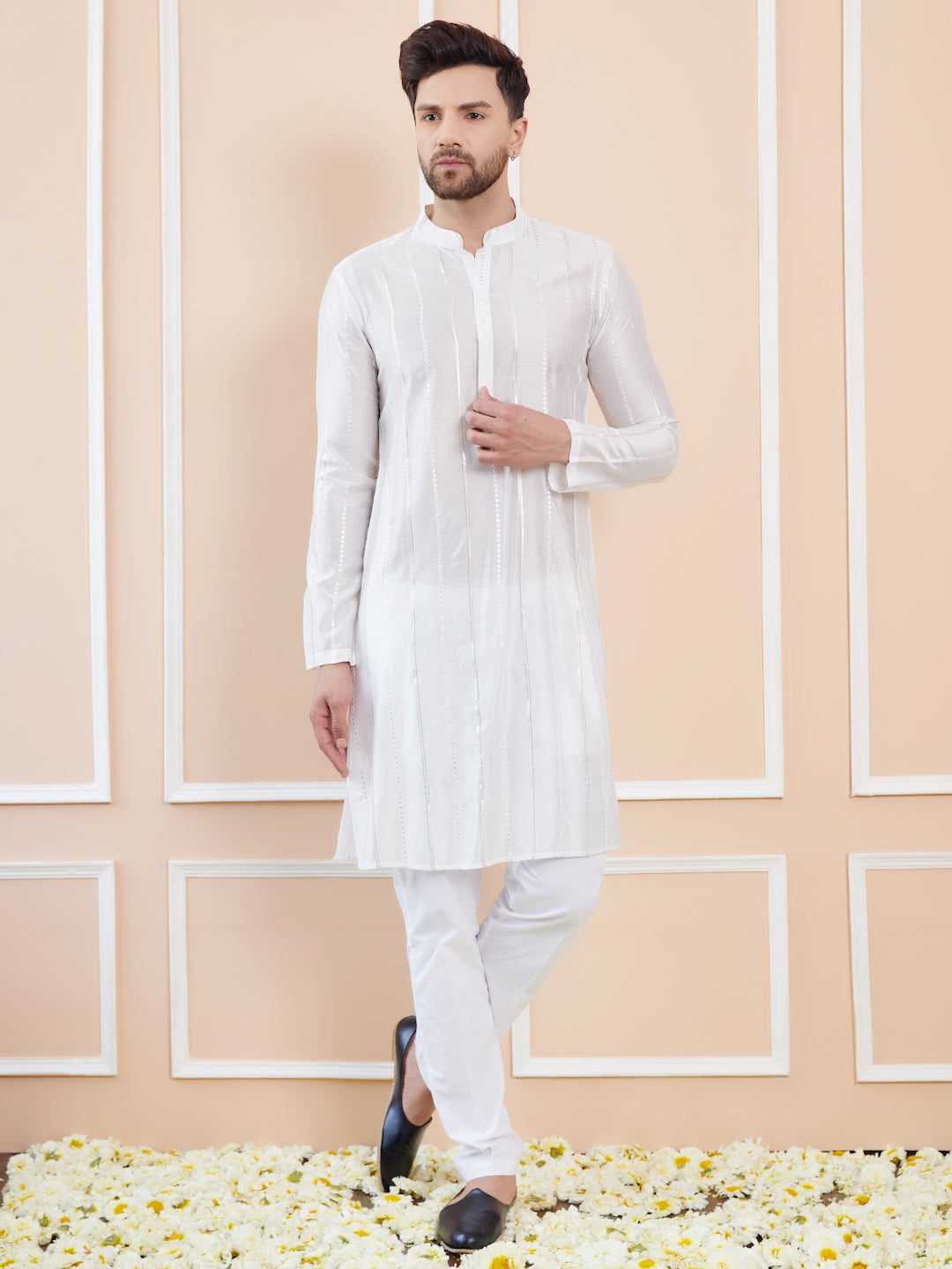 White Sequins Embroidered Pure Chanderi Silk Straight Kurta with Pyjama